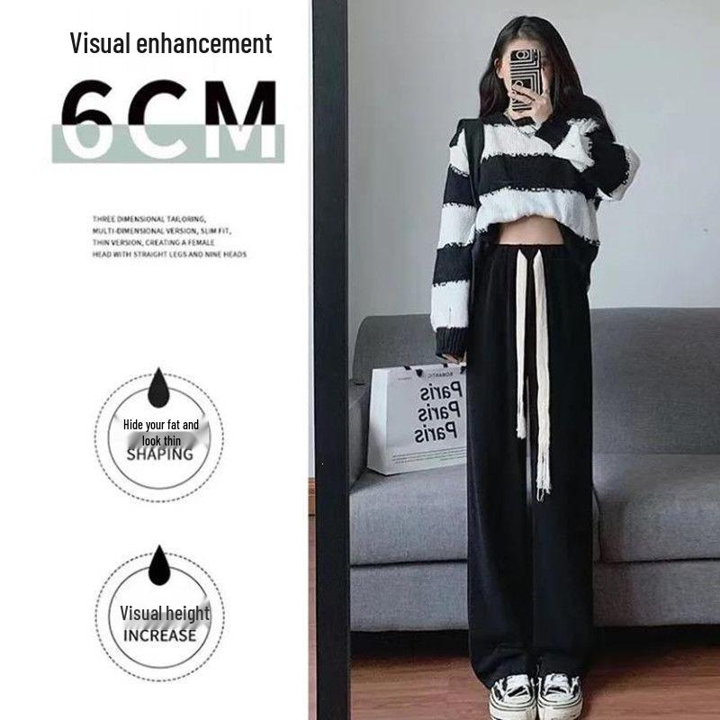 Women's Trendy High-Waist Black Drawstring Wide-Leg Trousers for Spring & Autumn
