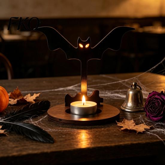 Decorative Tealight Candle Holder Halloween Wooden Holder, Black Hollow Crow Spider Display Stand, Gothic Silhouette Tabletop Decor for Home