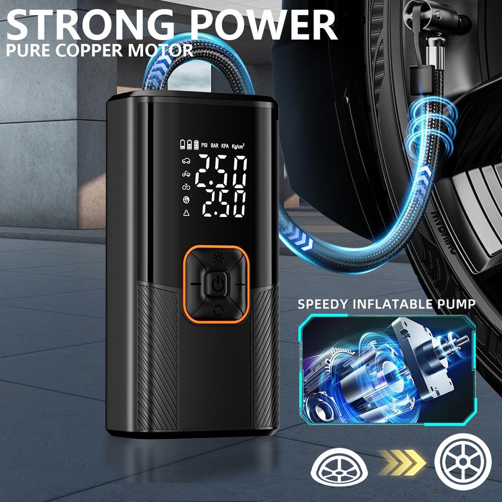 Tragbare kabellose Luftpumpe für Autoreifen-Aufblasgerät mit LED-Licht, Akku mit großer Kapazität, USB-C-Schnellladung, elektrische Pumpe