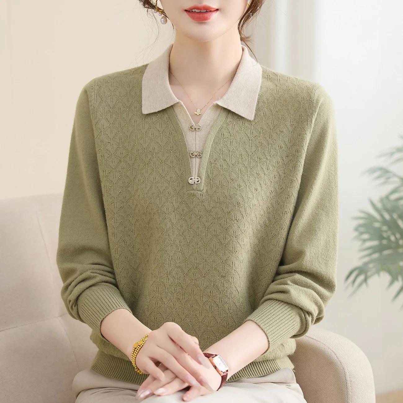 

Осенний модный трикотажный свитер с длинным рукавом для пожилых женщин среднего возраста, базовый, с темпераментом, повседневный, с лацканами 4XL зелёный