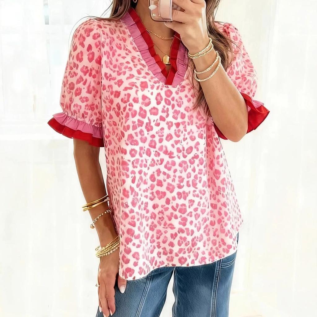 Women's V Neck Short Sleeve Blouse Loose Fit Streetwear Top Leopard Print Chiffon Shirt