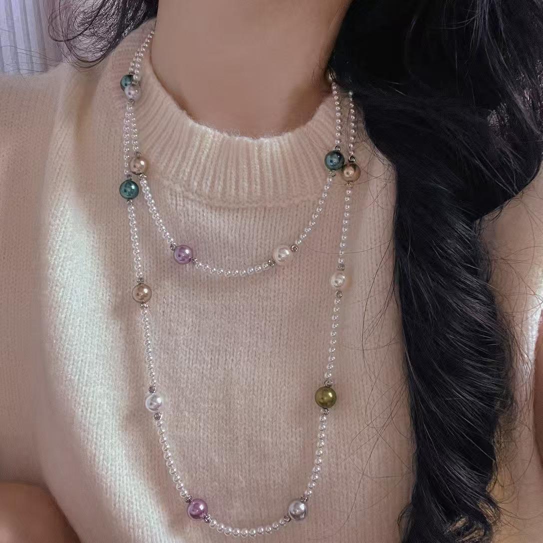 

Vintage High-Gloss Round Mixed Color Candy Artificial Crystal Pearl Long Necklace Collarbone Chain Sweater Chain