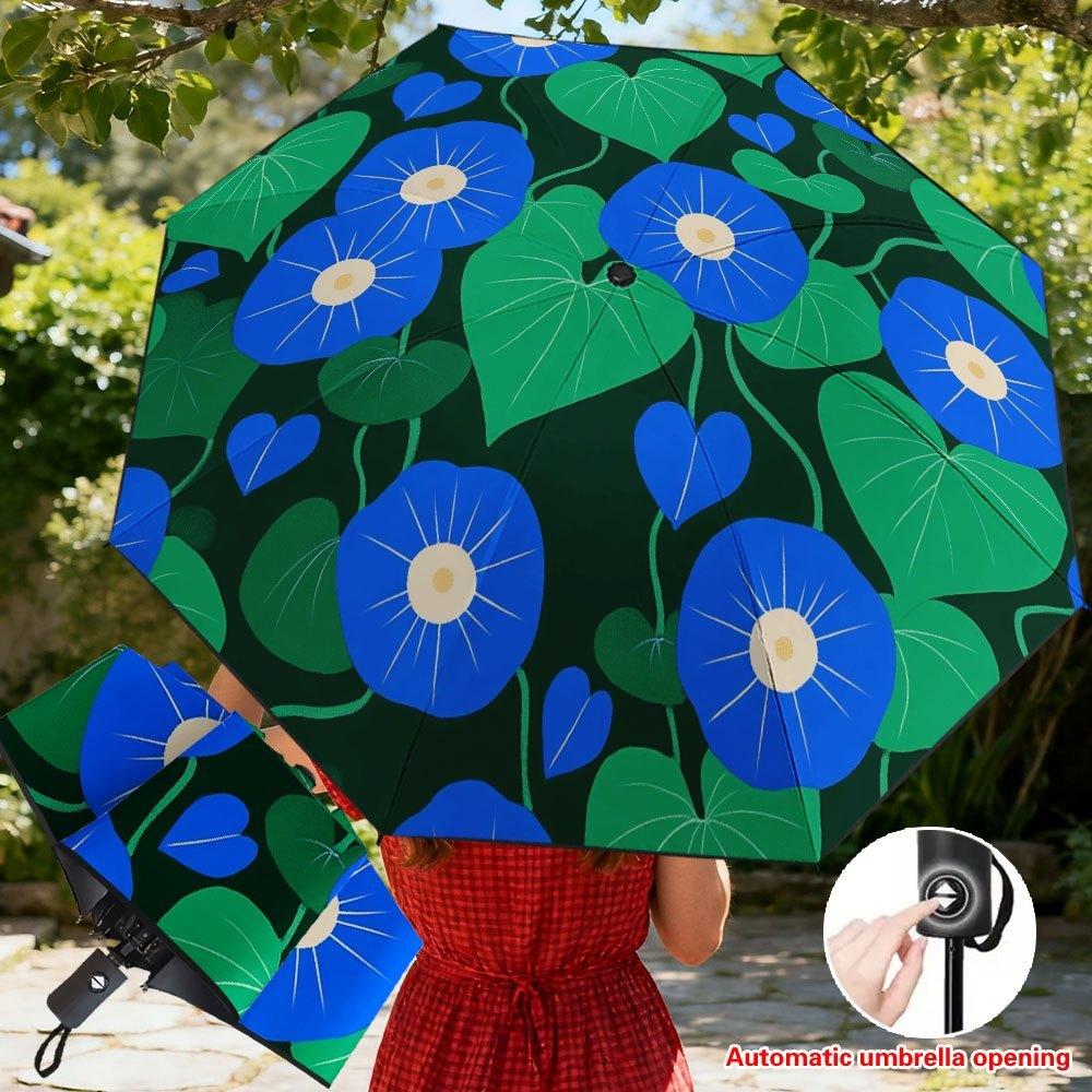 

1pc Automatic Open/Close Umbrella with Blue Morning Glory Floral Pattern (Green/White) - Automatic Folding & Blocking, 8-Rib R (as the picture,Iron&8K)