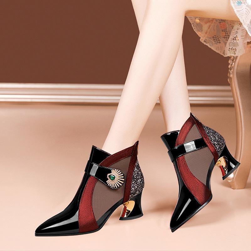 Sandals thick heel bag head cool boots middle heel mesh boots hollow mesh boots spring and summer new pointed thick heel fashionable and sexy