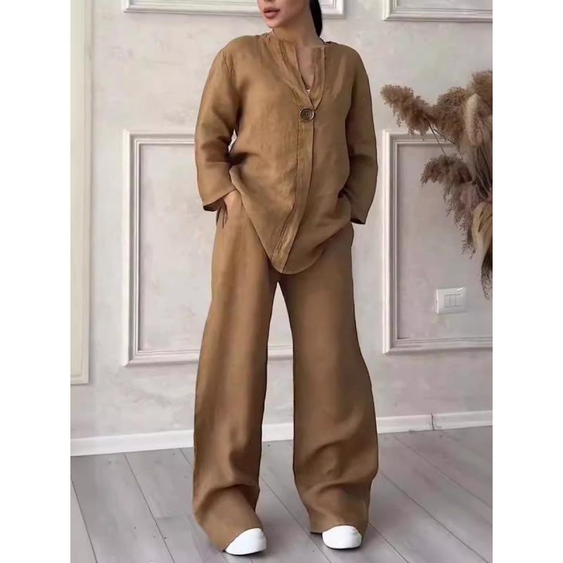 Evropská a americká letní móda 2025, dámská souprava s výstřihem do V a dlouhým rukávem, bavlna a len