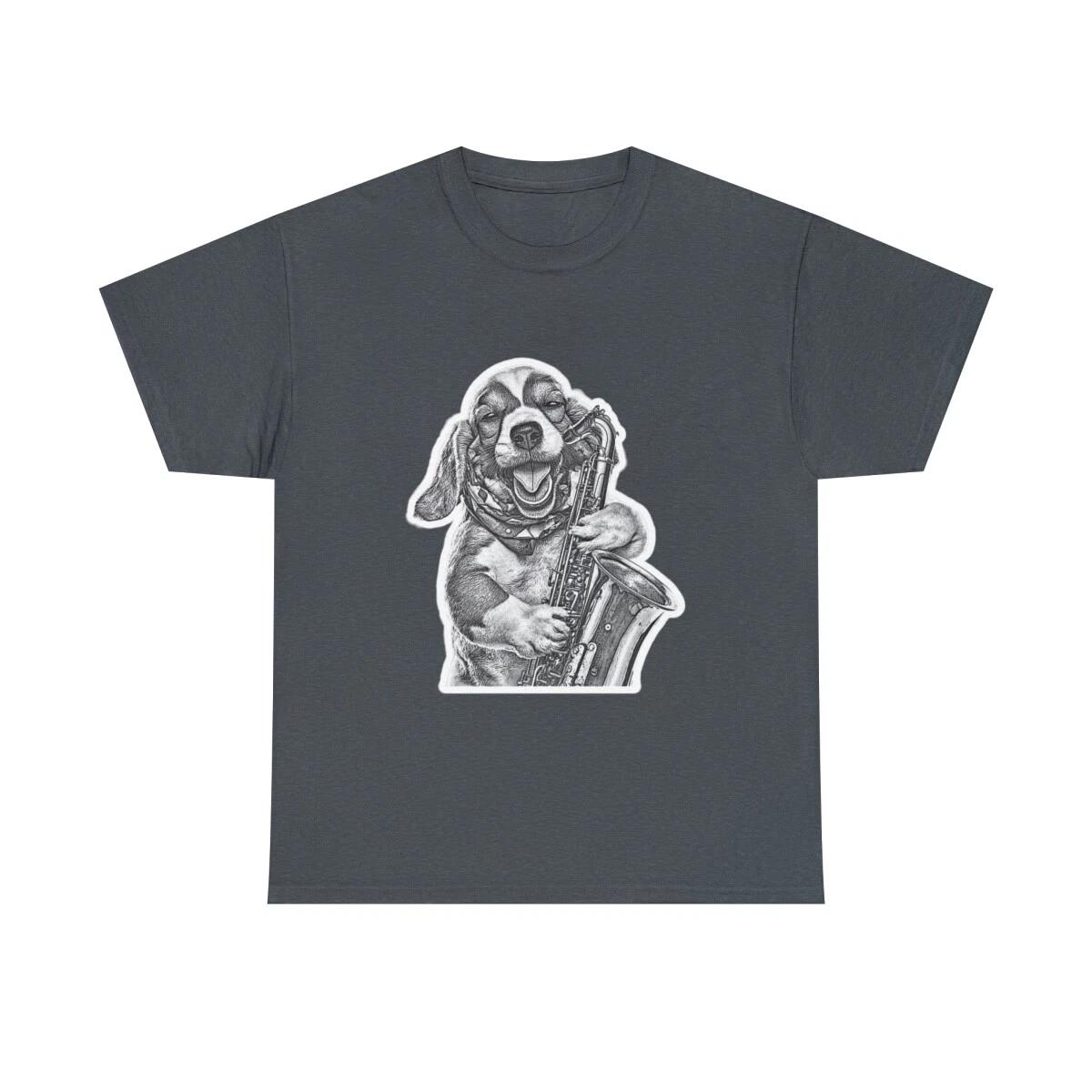 

US Adults - Music dog playing saxophone b&w - Unisex Heavy Cotton Tee XL