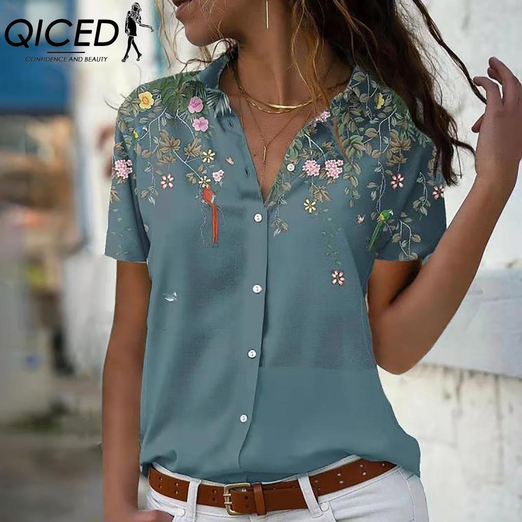 QICED Summer Plus-size Women's Wear: Loose Printed Short-sleeved Chiffon Shirt, Flared Sleeve Top for Women