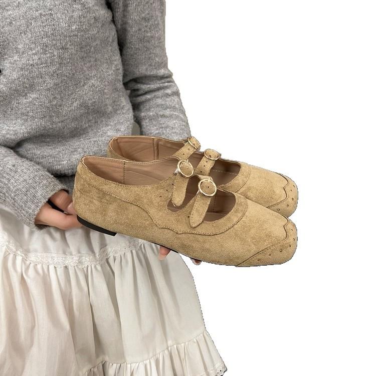 Sheepskin Version~ Genuine Leather Retro Round Head Shallow Mouth Single Shoes Women's French Ballet Shoes with Skirt Mary Jane Shoes