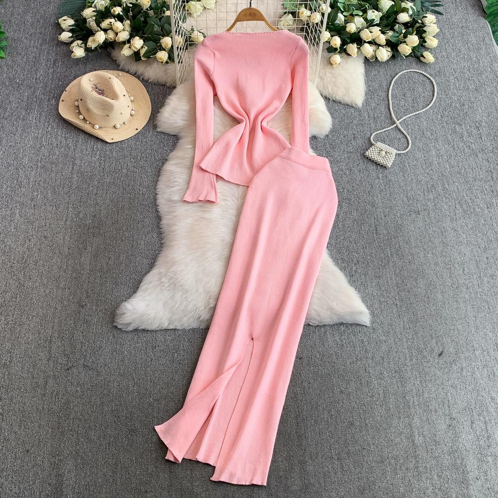 Spring Autumn Women Elegant Knitted Sweater Office Two Piece Set V-neck 3D Flower Pullover Tops and Long Maxi Sheath Skirt Outfits