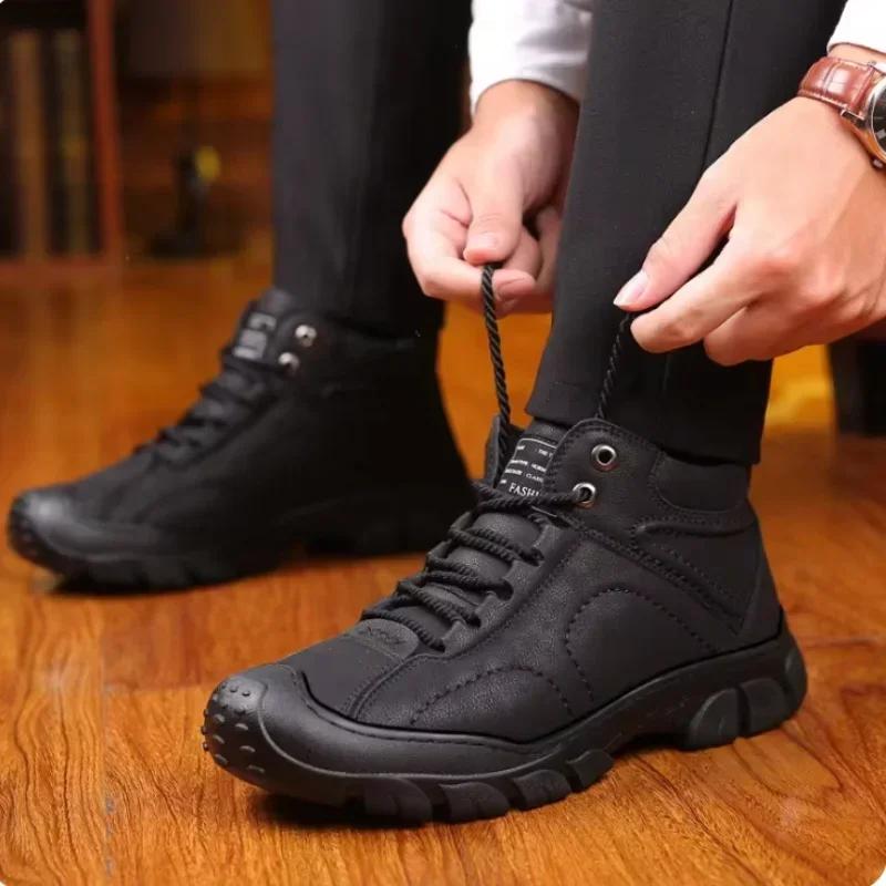 Men's Outdoor Snow Boots Lace-up Cotton Shoes Winter Mens Boots Plush Casual High-top Leather Shoes Male Sneakers New Bota