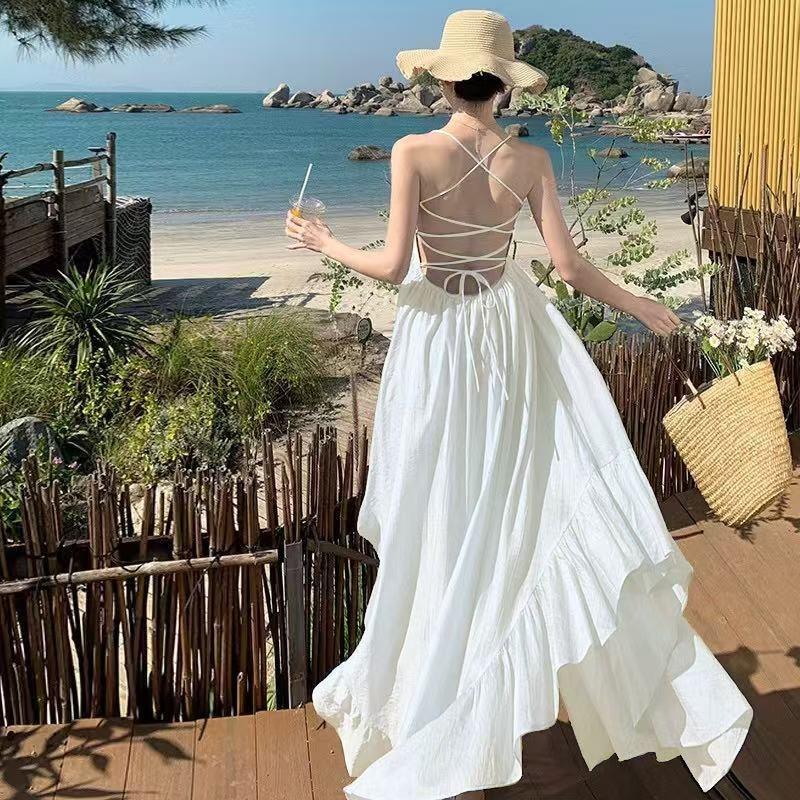 Irregular Ruffle Leaf Edge Halter Suspender Shiny Dress Seaside Vacation Super Fairy Beach Dress