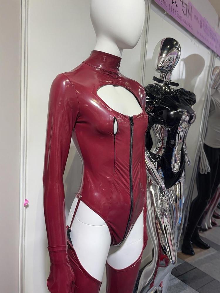 Faux Latex Leather Pvc Bodysuit Nightclub Cosplay Jumpsuit Pu Shiny Punk Tights Sexy Breast Zipper Women'S Leotard With Stocking