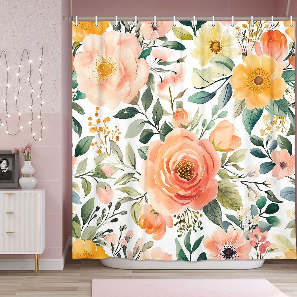 

Curtains for Bathroom Pink Watercolor Peonies Decorative Bath Curtain Aesthetic Flowers and Green Leaves Art Bath Set Bathroom 90x180CM