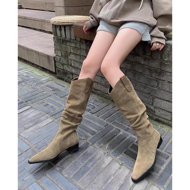 

Версия из овчины~ ретро остроносые ковбойские сапоги с V-образным вырезом, сапоги со сборкой, высокий толстый каблук, высокие плиссированные сапоги, женские сапоги-рыцари 40