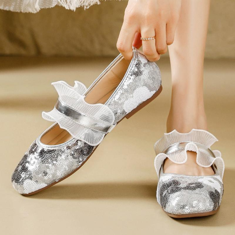 Fashion Lace Ruffles Band Ballet Shoes Ladies Silver Paillette Flats Mary Jane Women Lolita Mocasines Oversize Loafers Bridesmaide Shoes