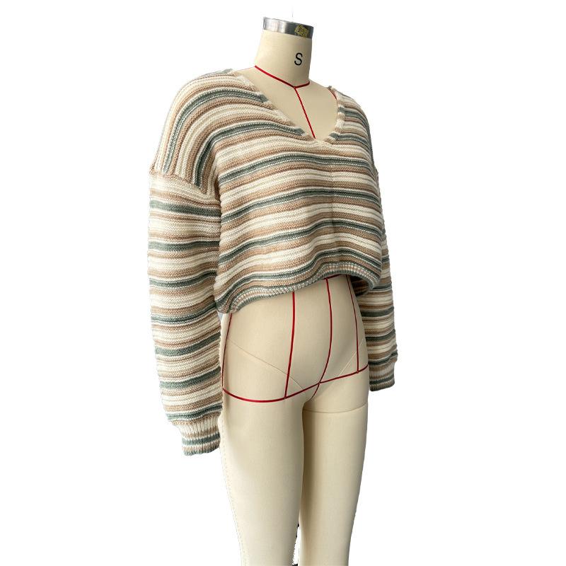 Women's Sweater Long-sleeved V-neck Loose Striped Knitted Sweater