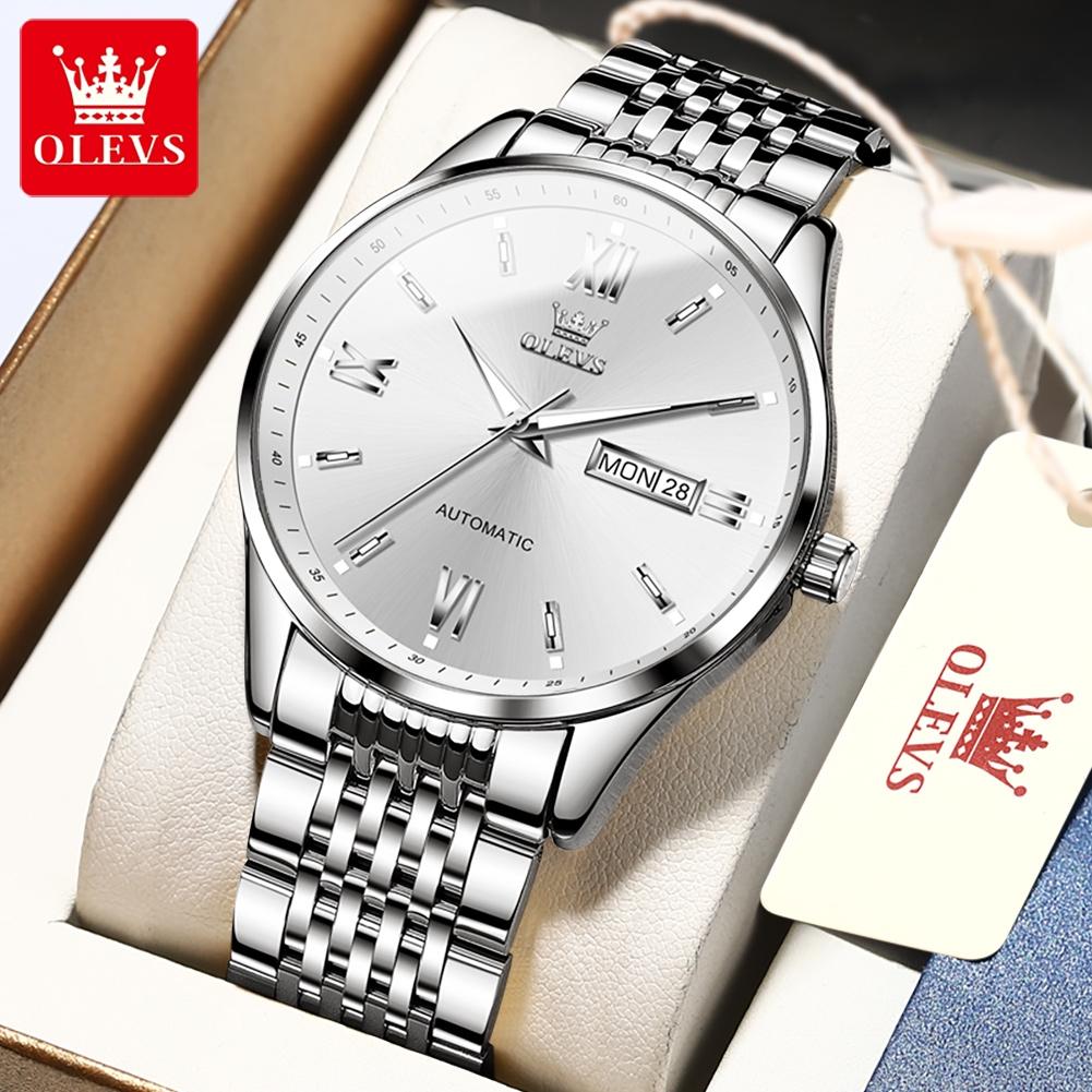 OLEVS Watches for Man Original Stainless Steel Dual Calendar Luminous Waterproof Business Automatic Mechanical Men's Watch 6777