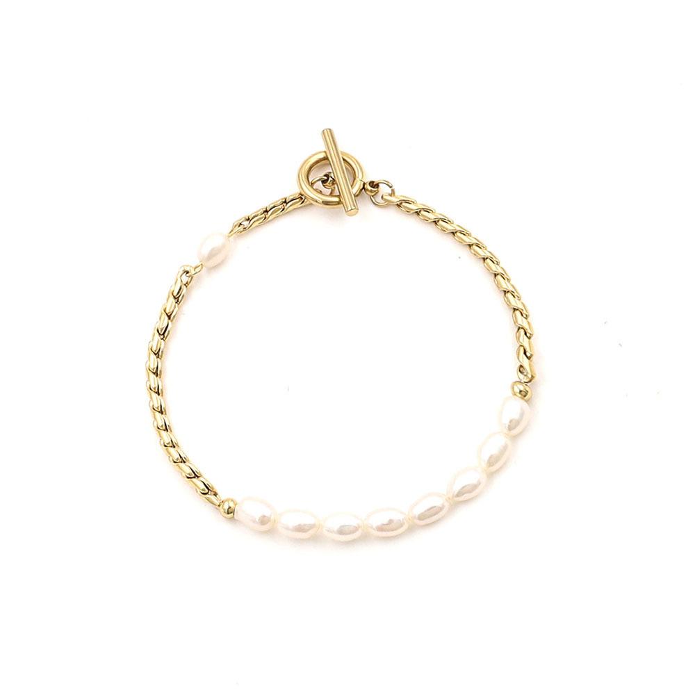 French Light Luxury 18K Gold Baroque Pearl Ot Buckle Bracelet Women'S Fashion Splicing Titanium Steel Hand Jewelry