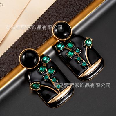 Medieval Jewelry New Chinese Enamel Dripping Oil Colored Treasure Relief Flower Geometric Stud Earrings Retro National Style High Sense Earrings