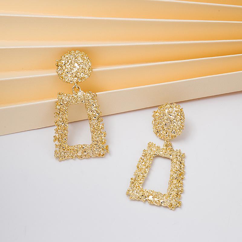 European & American Hot Sale: Trapezoidal Geometric Frosted Relief Metal Earrings, Bold Bohemian Style for Women