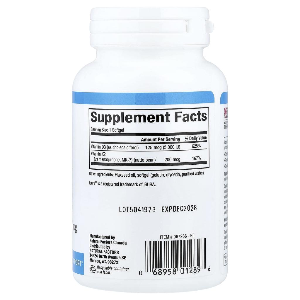 Natural Factors Vitamin D3 & K2, 120 Softgels