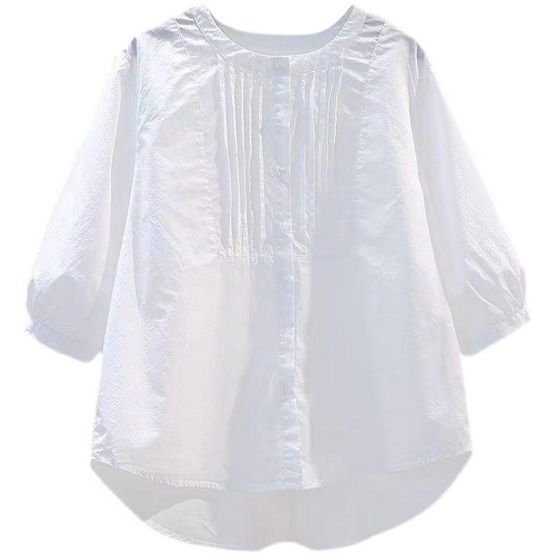 Korean Style White Cotton Shirt Women Summer Round Neck Casual Loose Fit Short Sleeve Top