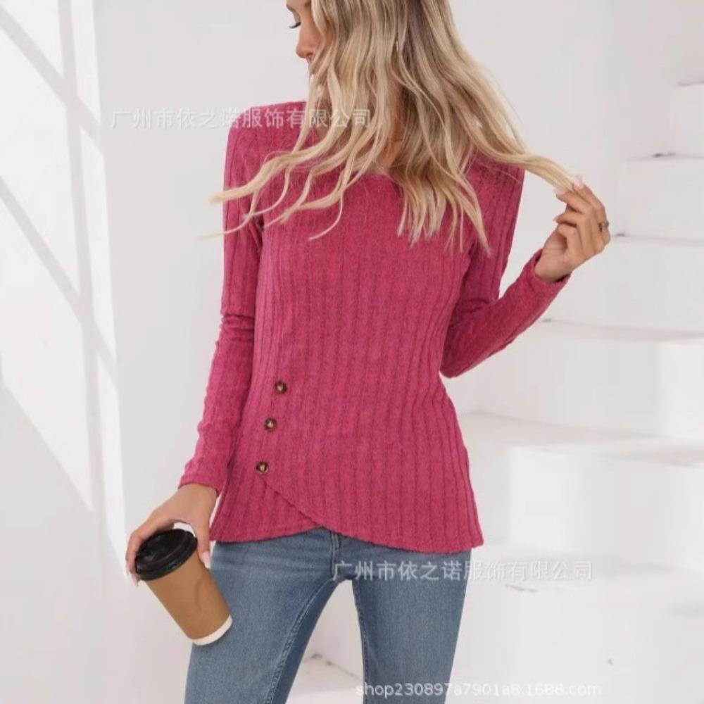 

2025 Женская Новая Талия Круглый Вырез Тапочки Облегающая Футболка Топ с Длинным Рукавом S красный