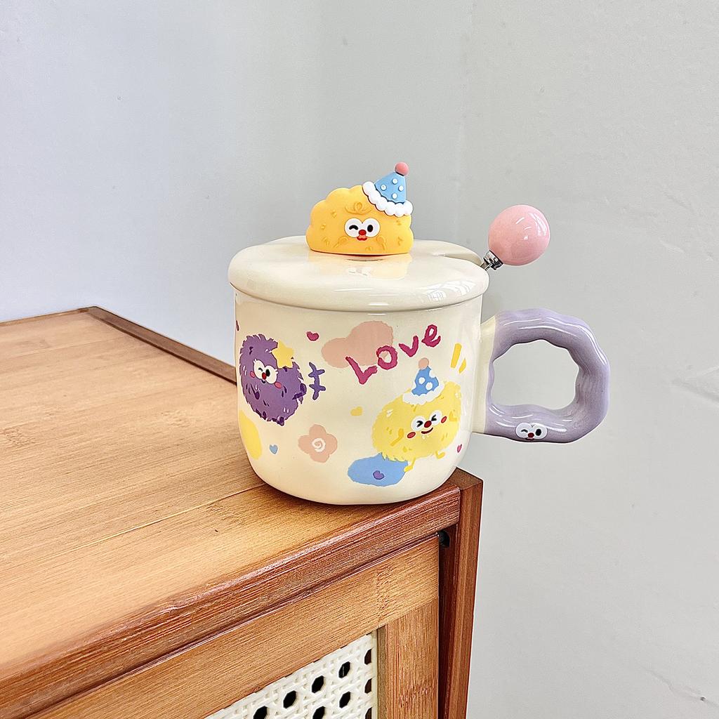Cute Coal Ball Mug With Lid Spoon High Value Girl Heart Cup Ceramic Couple Water Cup Girl Birthday Gift