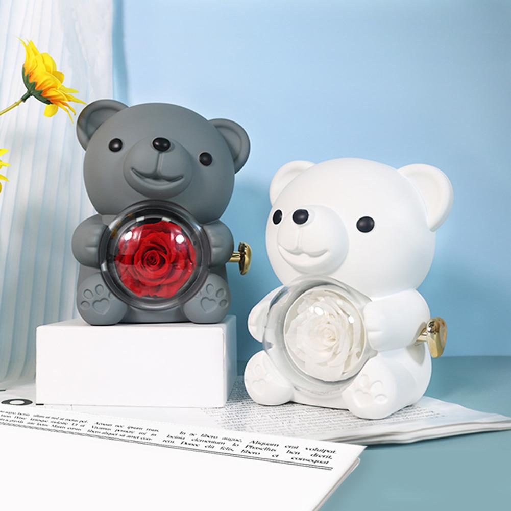 Preserved Rose Gift Box Elegant Bear Rose Ring Box with Gift Bag Rotating Bear Rose Jewelry Box for Valentine's Day Anniversary