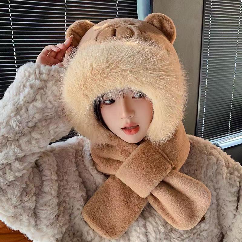 Plush Thickened Winter Hat with Scarf & Ear Protection – Cute Capybara Design for Women & Students