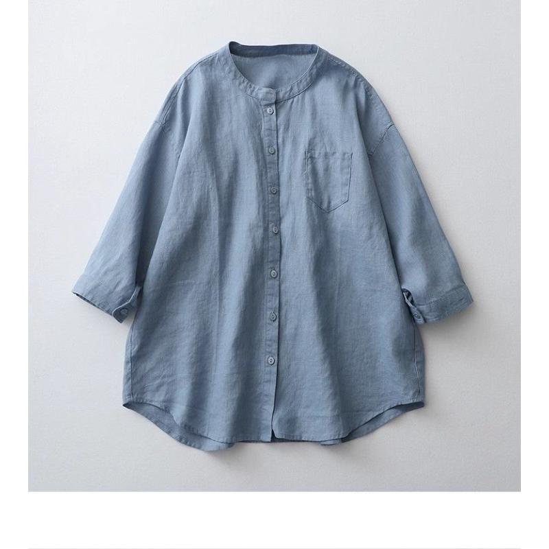 Φαρδύ Βαμβακερό και Λινό Γυναικείο 2025 Νέο Μονόχρωμο Ευέλικτο Casual Στρογγυλή Λαιμόκοψη Πεντάκωπο Πουκάμισο