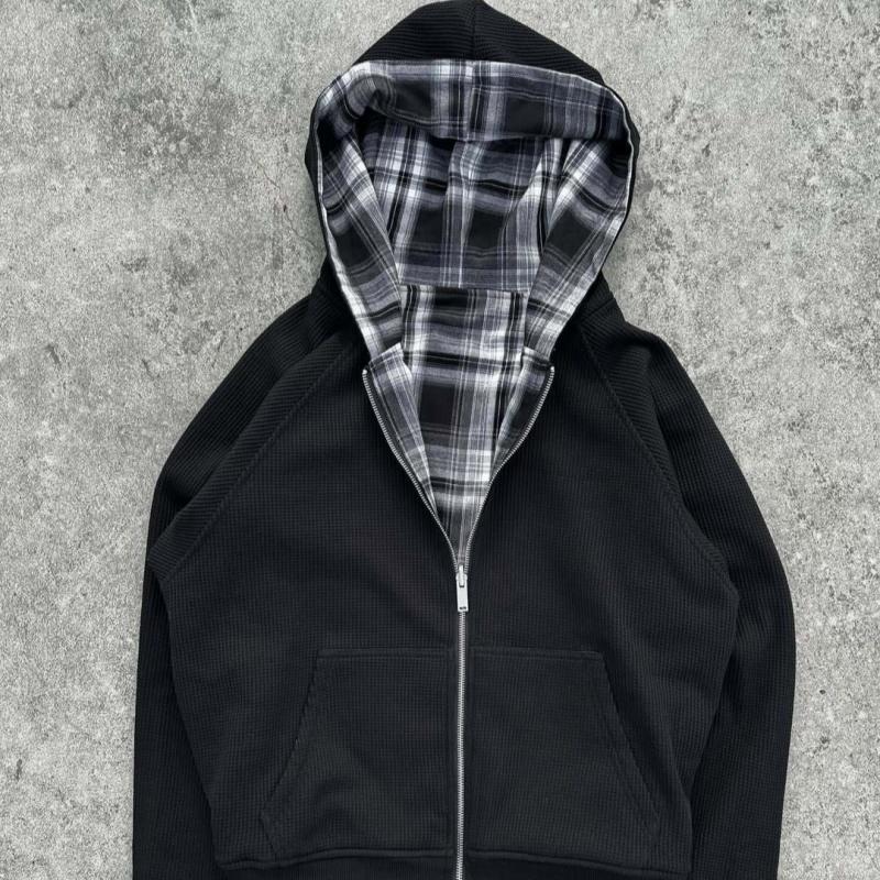 

STREETRICH European and American Fashion Casual Versatile Plaid Classic Double-sided Layered Design Elegant Hoodie Y2k XL чорний