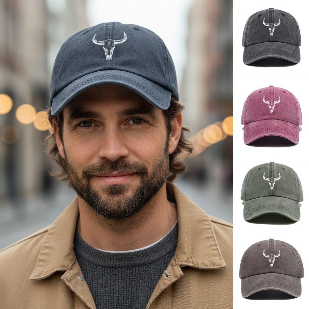 Hip Hop Bull Skull Print Baseball Cap Washed Cotton Streetwear Hats For Man Women Unisex