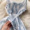 Women Floral Spaghetti Strap Dress Elastic Ruched Sexy Hollow Backless Party Dress Summer Boho Vacation Beach Sundress