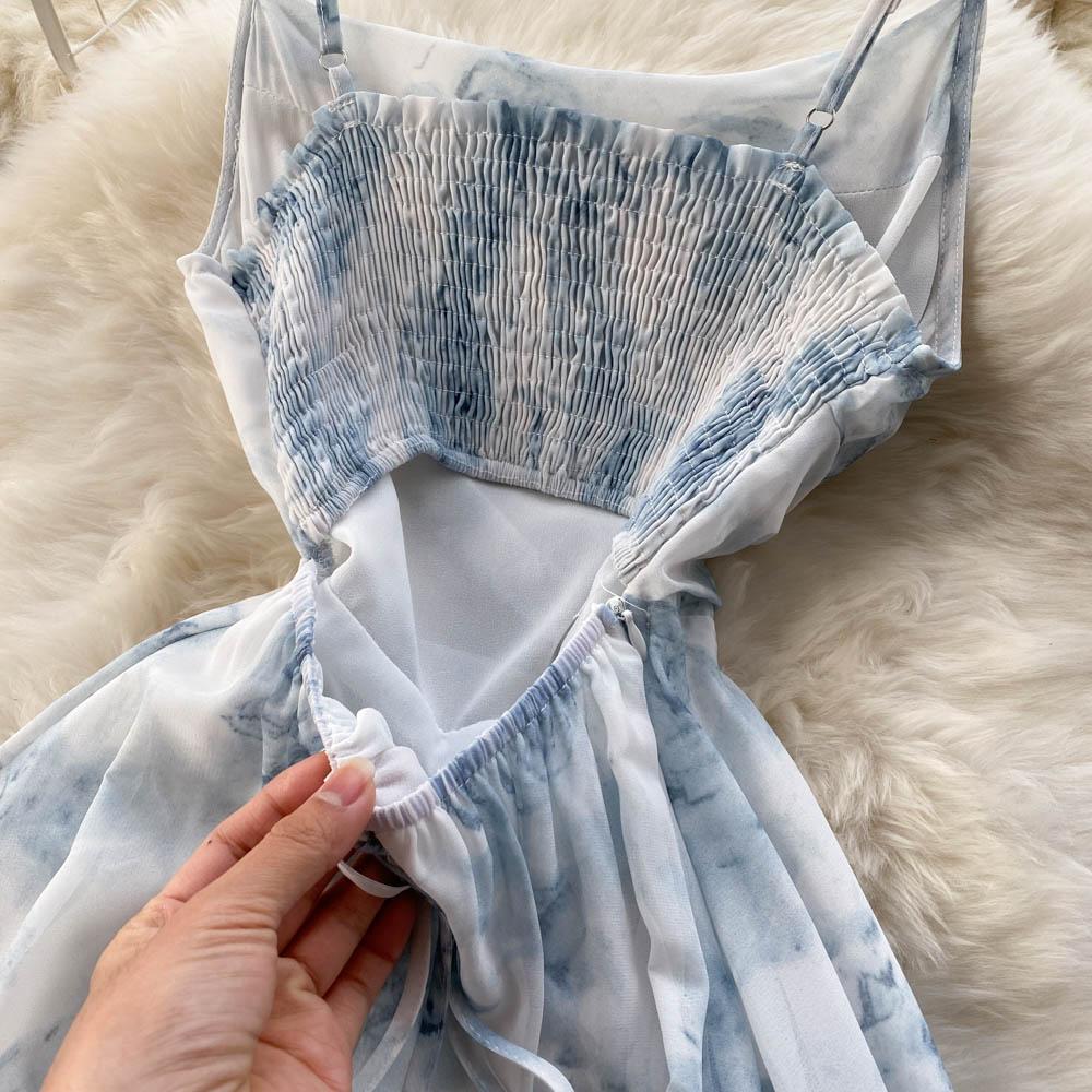 Women Floral Spaghetti Strap Dress Elastic Ruched Sexy Hollow Backless Party Dress Summer Boho Vacation Beach Sundress