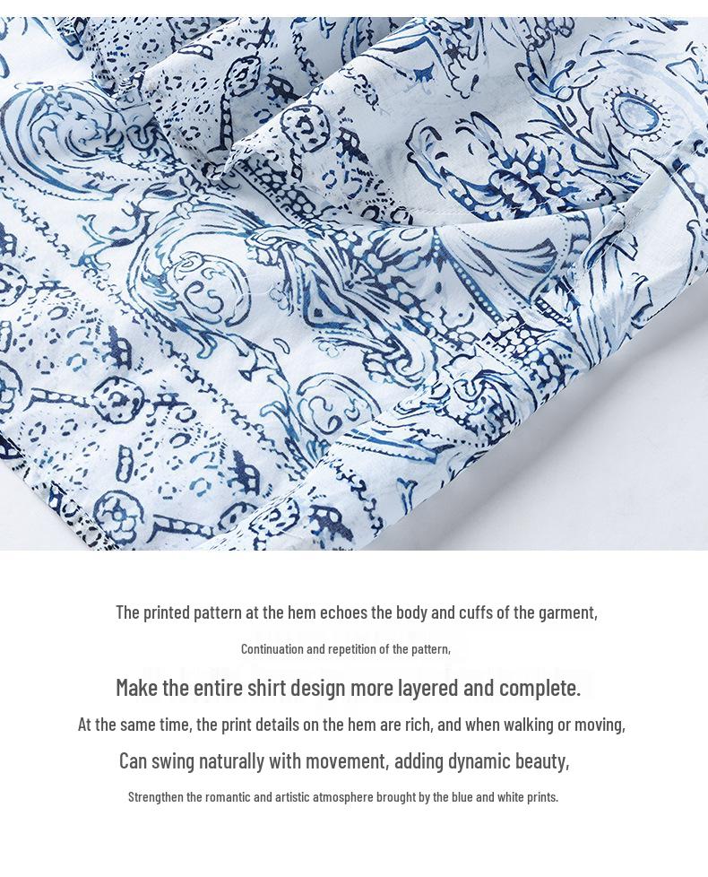 2026 Spring Women's Blue & White Porcelain Stand Collar Long Sleeve Shirt, Chinese Style, Slim Fit, Pure Cotton
