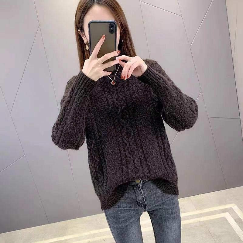 Pulover cu guler semi-înalt, pulover Răsucit cu aluat prăjit pentru tricotaje de damă toamnă și iarnă, palton exterior larg, palton de bază îngroșat