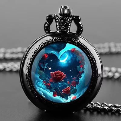 Red Rose Blue Starry Quartz Movement Pocket Watch,Stylish Black Necklace Chain,Classic Exquisite Gift Watch For Women Girls