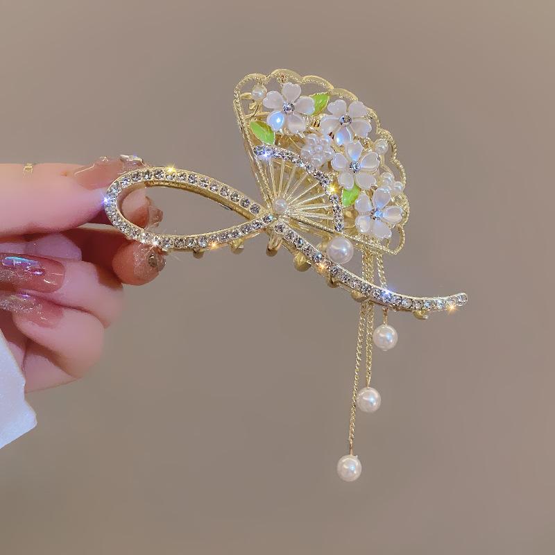 Mote Retro Vifte Duskel Stil Grab Clip Rhinestone Hårklemme Hestehale Klemme Grab Clip Elegant Hodeplagg Kvinne
