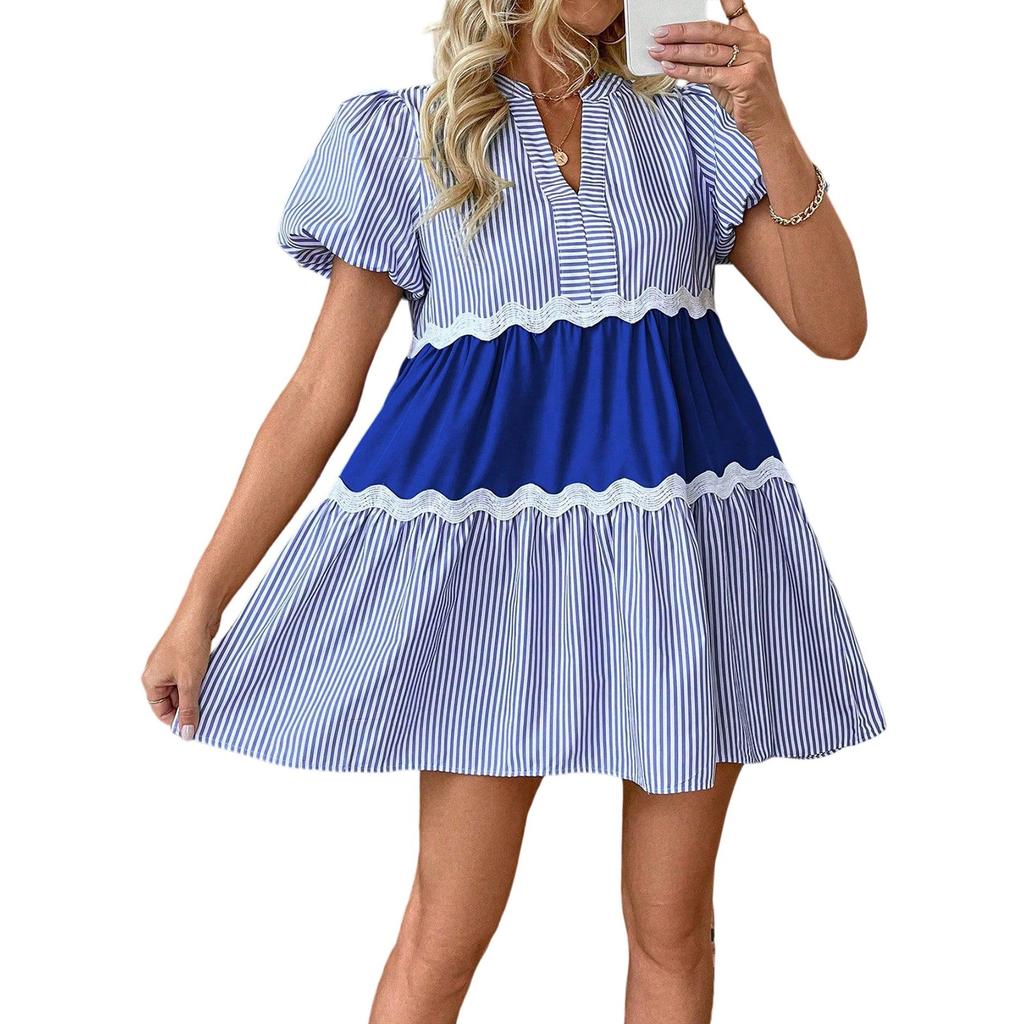 Ladies' Summer Fashion A-line Dress With Lace Stripe Print Splicing Loose And Cool Stand Up Collar Dress