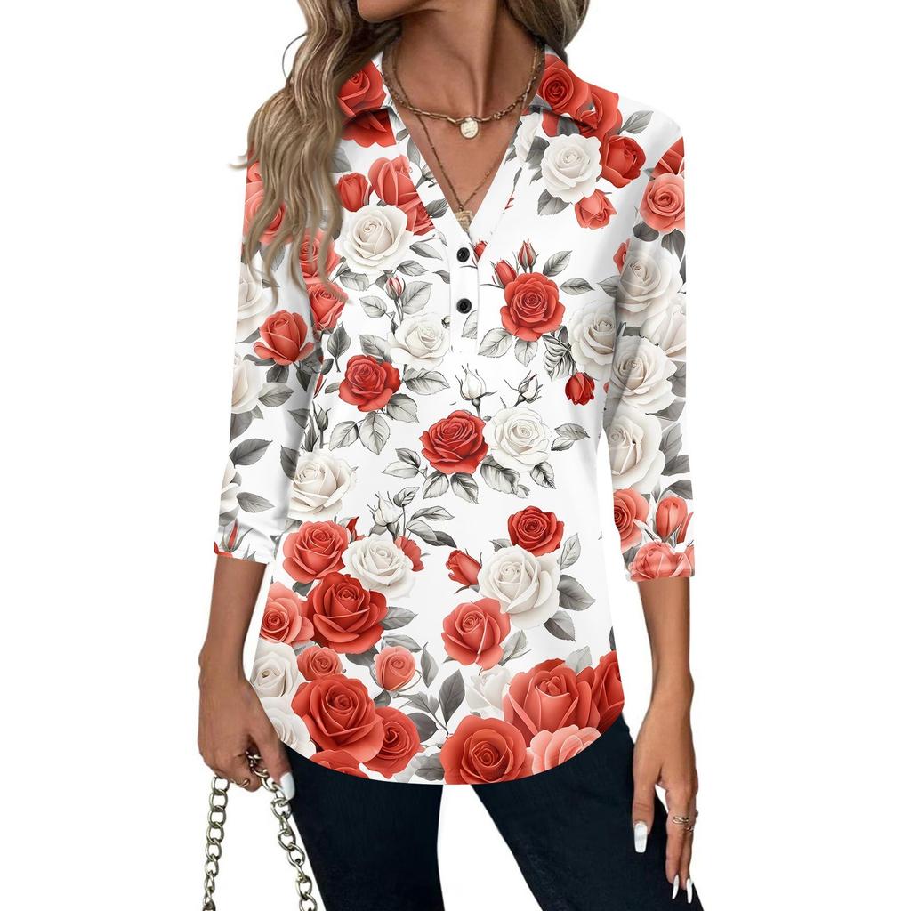 Women's Fashion Casual Lapel Short 3/4 Sleeve Print Shirt Women's V-Neck Button Tops