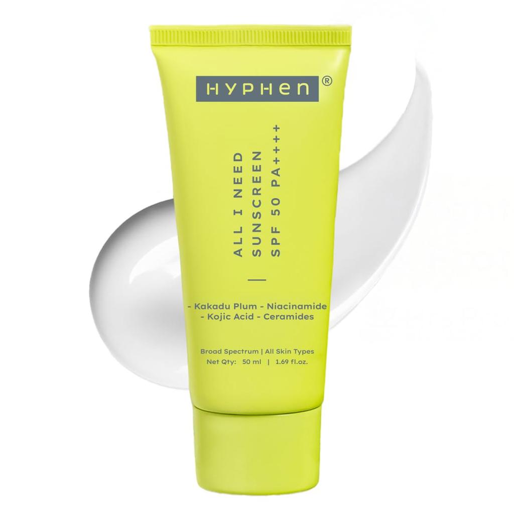 Hyphen All I Need Sunscreen SPF 50 PA++++ | No White Cast | In Vivo Tested | Brightens with Niacinamide, Kojic Acid & Vitamin C Rich Kakadu Plum