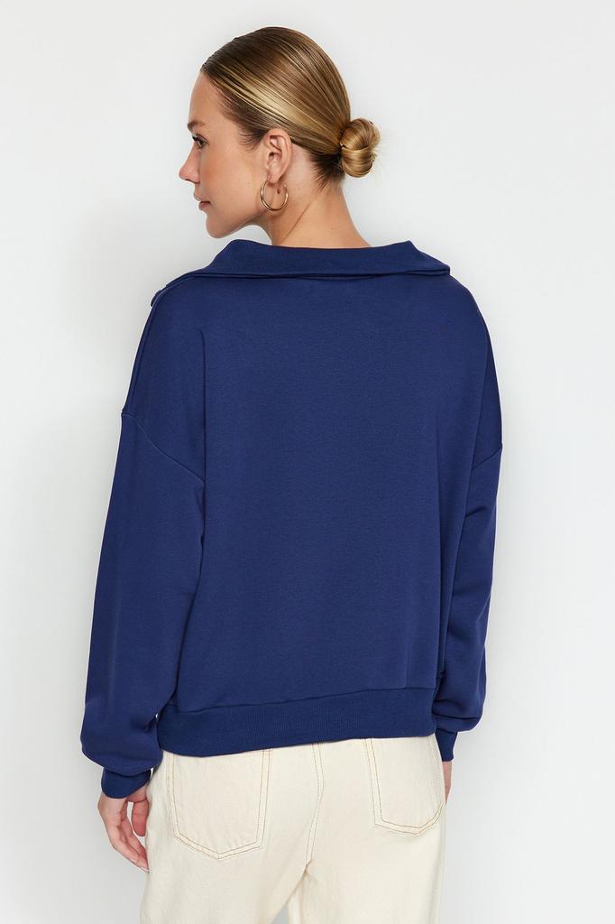 Women's Fashionable Stylish Sweatshirt Navy Blue Oversize Wide Fit Knitwear Collar Detailed Diagonal Knitted Sweatshirt