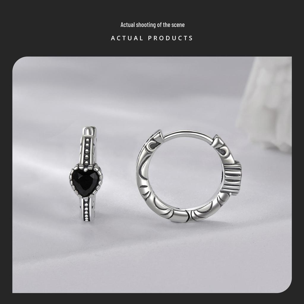 Avle Retro Heart Pattern S925 Sterling Silver Oxidized Earrings for Women