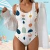 Women Plus Size White Printed Scoop Neck Wide Straps High Cut One Piece Swimsuit