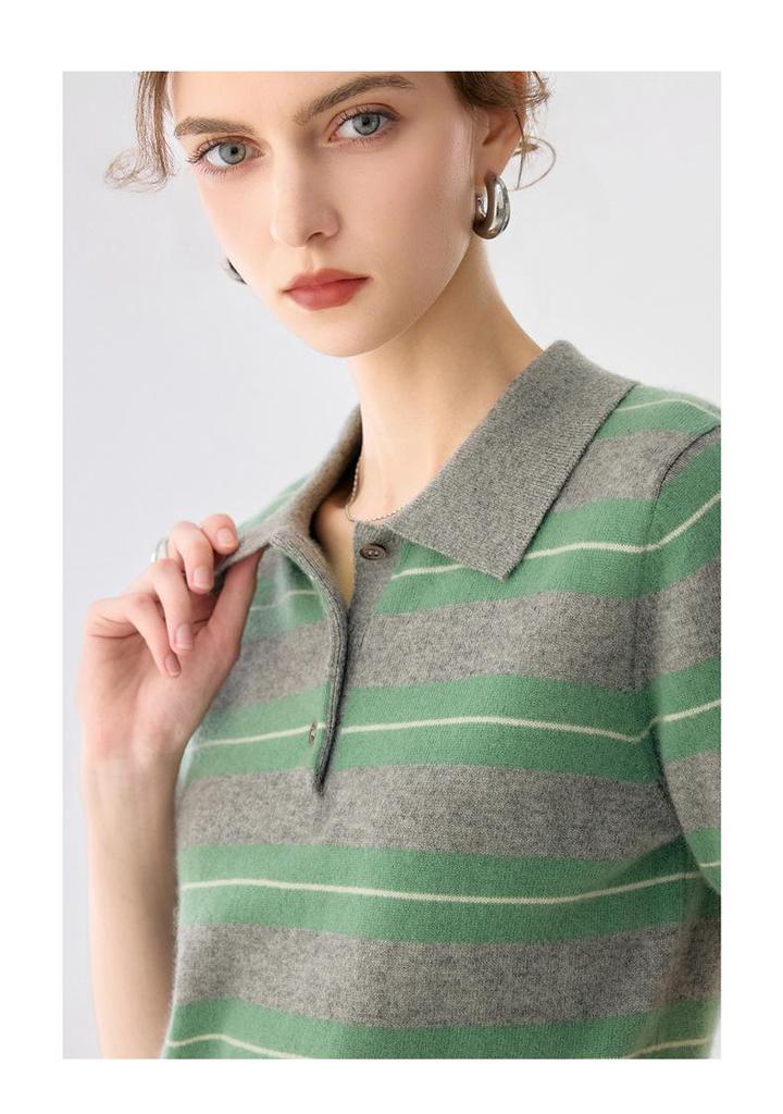 Striped Cashmere Polo Collar Short-Sleeve Knit Top