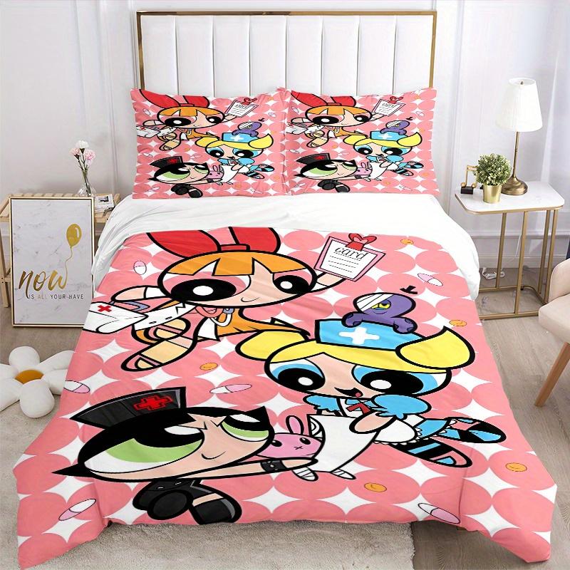 3pcs Powerpuff Girls Printed Quilt Set - Includes 1 Quilt Cover and 2 Pillowcases, Machine Washable - Suitable for All Seasons.F068