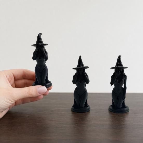 3 Pcs Witch Figurine, 3D Printed Hear See Speak No Evil Witch Statue, Gothic Tabletop Ornament for Halloween Desktop Bookshelf Home Decor