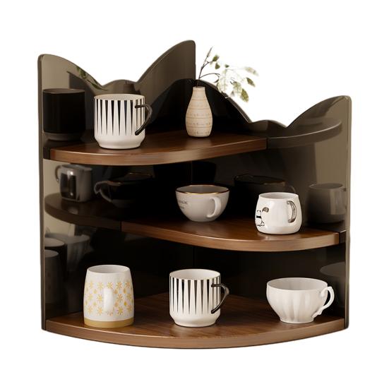 Corner Cup Holder Shelf 3-Tier Wood Kitchen Organizer for Mugs Coffee Cups Space-Saving Desktop Storage Rack for Countertop