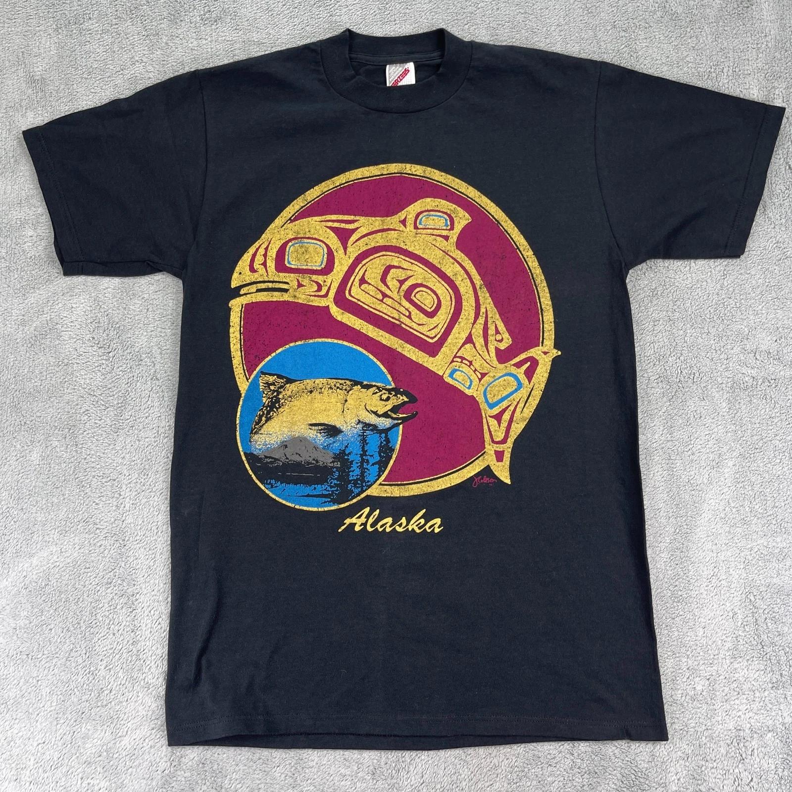 Vintage 90s Jerzees Alaska Whale T Shirt Mens Medium Black Graphic Print Cotton 4XL